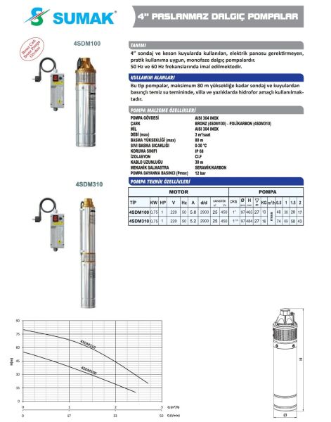 0,75 KW 4'' PASLANMAZ DALGIÇ POMPA 4SDM100